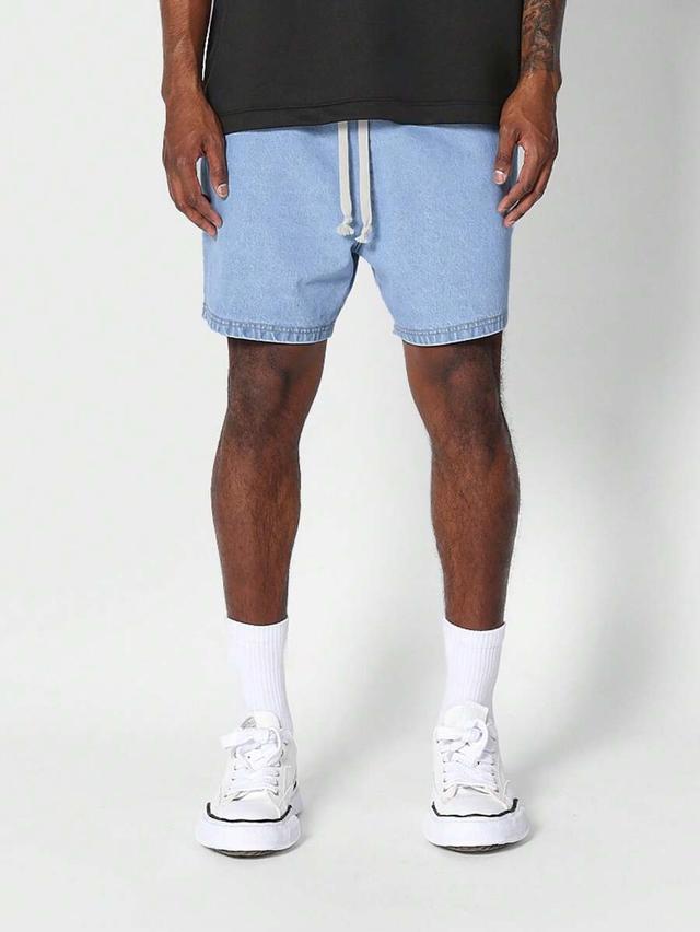 light wash denim drawstring drop crotch shorts