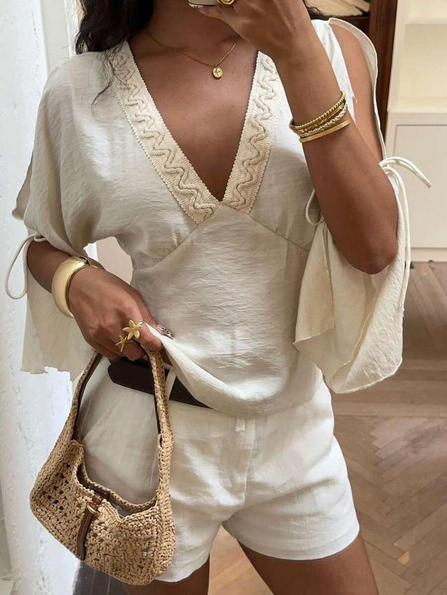 apricot vintage aesthetic v-neck flare sleeve casual blouse