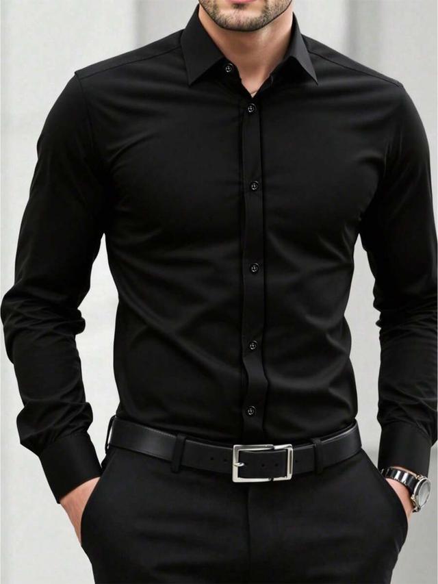 men's solid black long sleeve button-up shirt