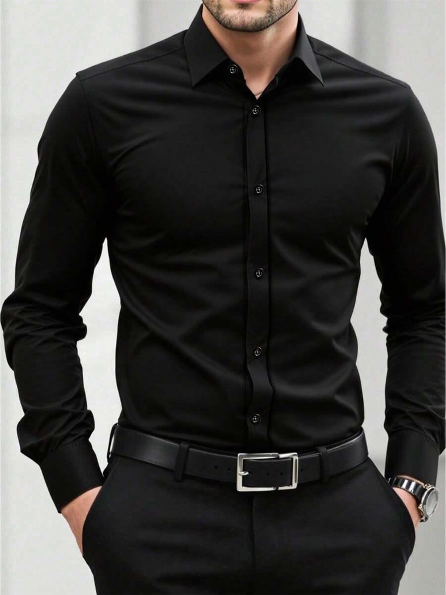 men's solid black long sleeve button-up shirt