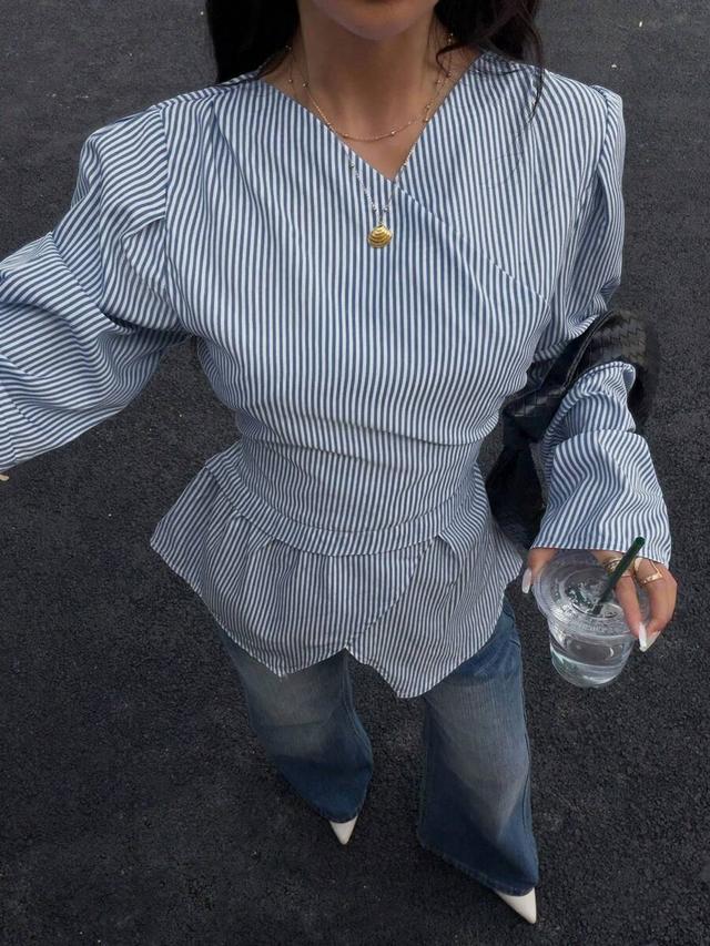 siren gaze striped waist cinching long sleeve shirt