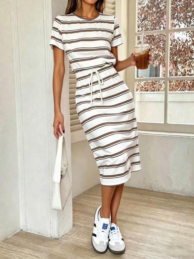 striped cotton jersey midi dress with drawstring waist