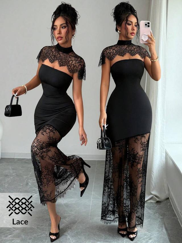 black lace patchwork stand collar bodycon dress