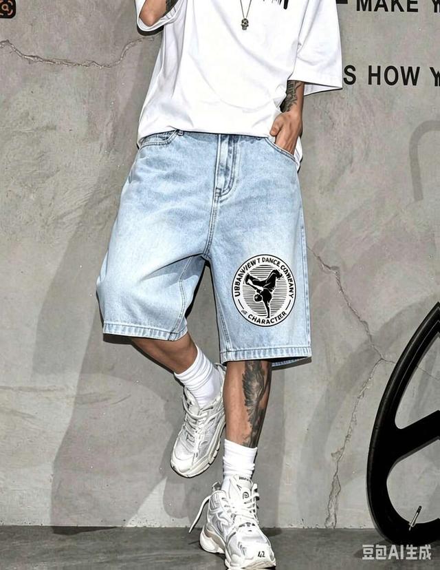 light wash denim logo print loose shorts
