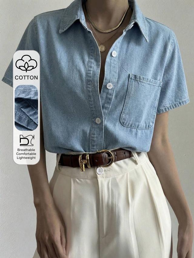 light wash cotton denim short sleeve button up shirt