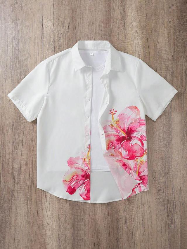 white floral print short sleeve casual shirt