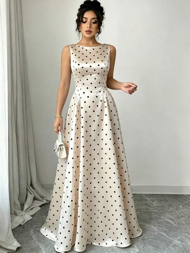 polka dot satin sleeveless a-line midi dress
