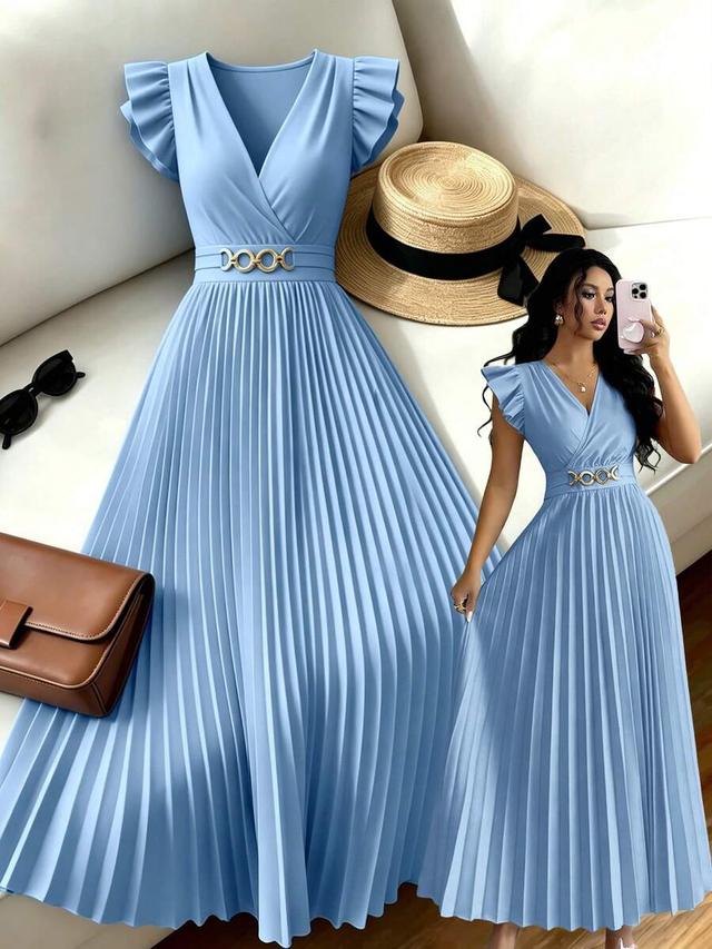 light blue v-neck pleated midi dress with metal detail