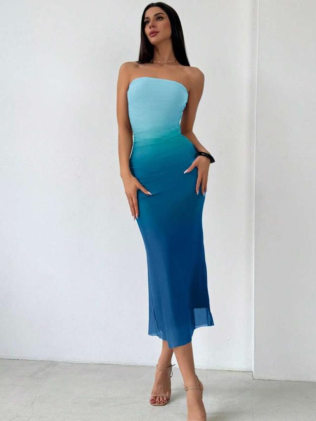 teal blue gradient off shoulder bodycon long dress