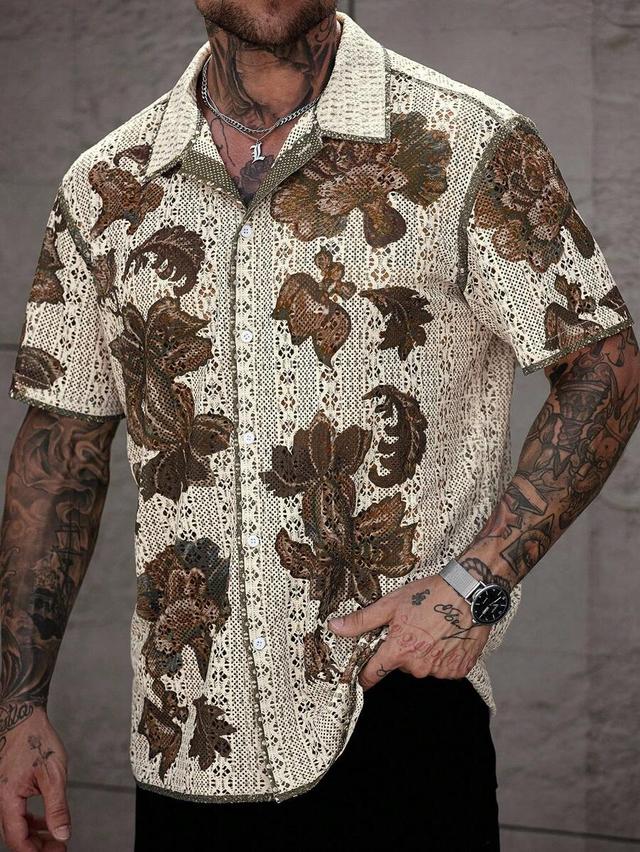 floral perforated knit button-front short sleeve shirt