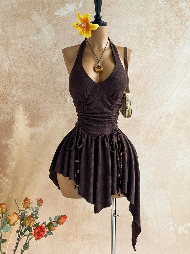 soleia deep v neck tie up waist mini dress