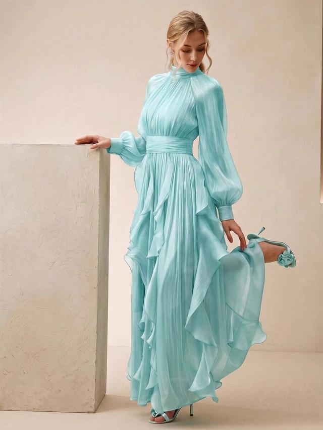 elegant long sleeve pleated halter dress in lake blue