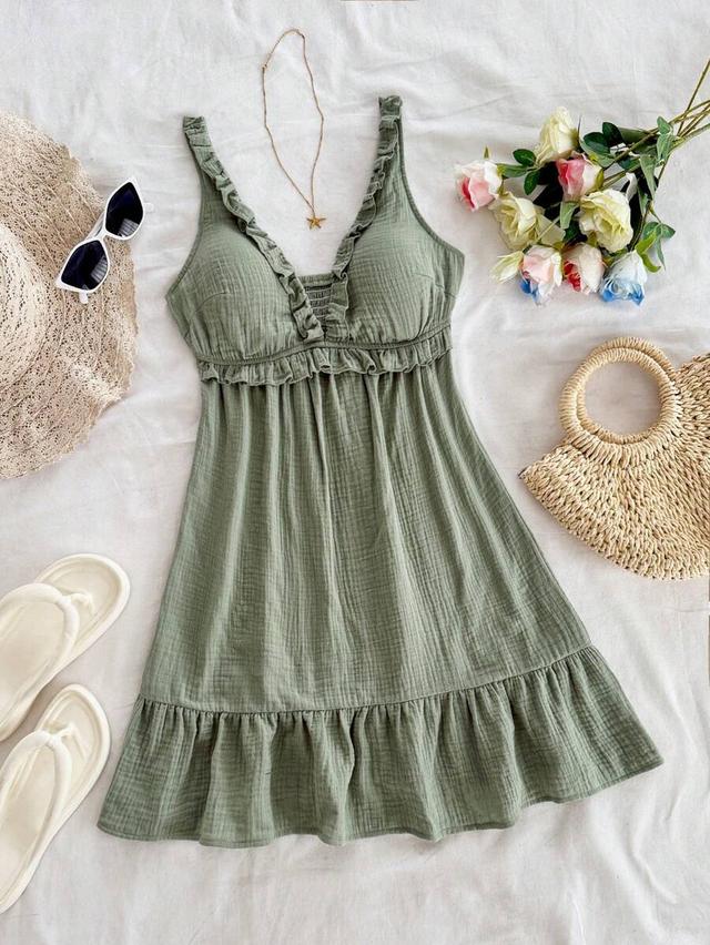 sage green cotton muslin ruffled mini dress