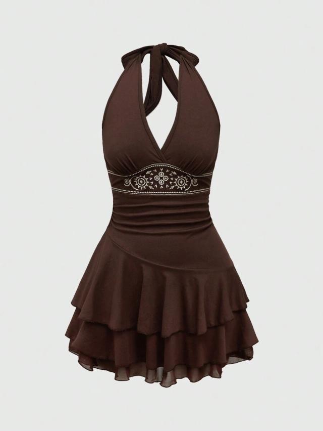 brown halter neck tiered ruffle dress with embroidery
