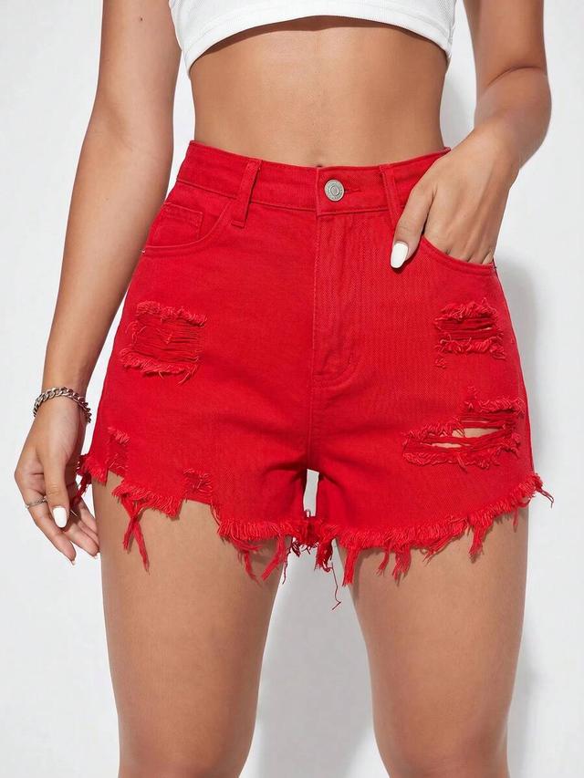 red distressed frayed hem denim shorts