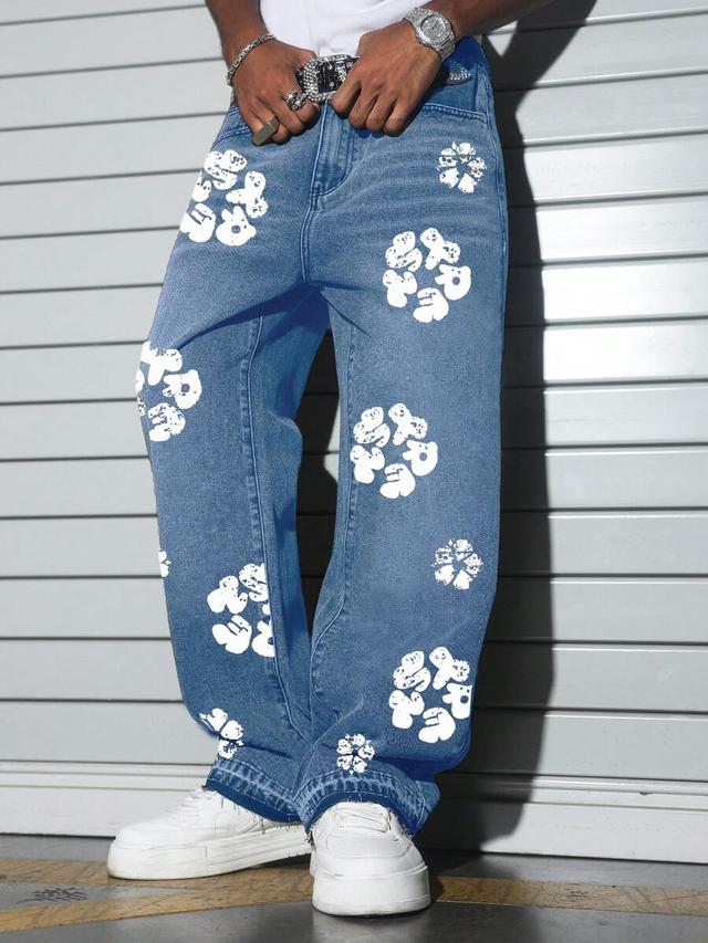 vintage washed floral print loose straight leg jeans