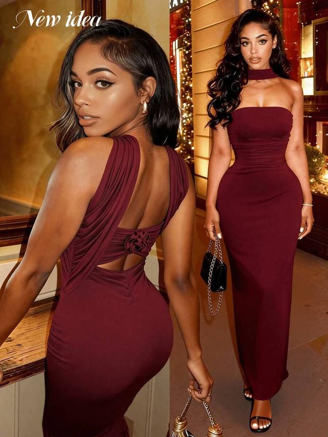 burgundy strapless maxi dress with 3d rose detail