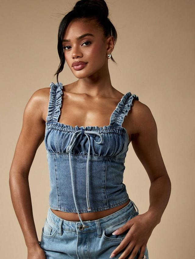 denim corset top with ruffle straps and smocked back
