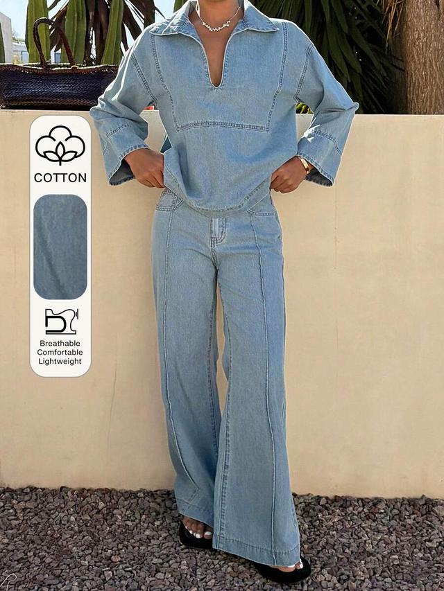 light wash denim collared pullover and matching wide-leg trousers