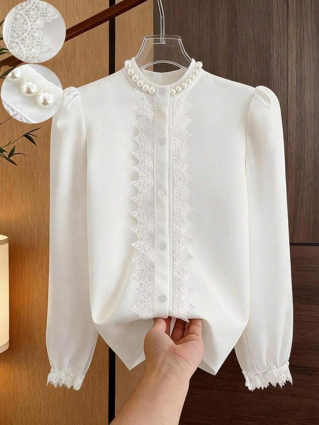 white pearl lace trim long sleeve blouse