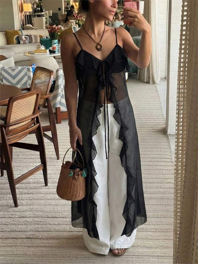 sheer black ruffled bohemian long camisole blouse