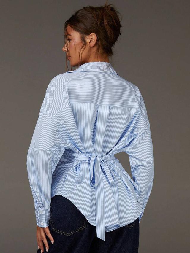 women's blue and white pinstripe relaxed fit tie-back shirt