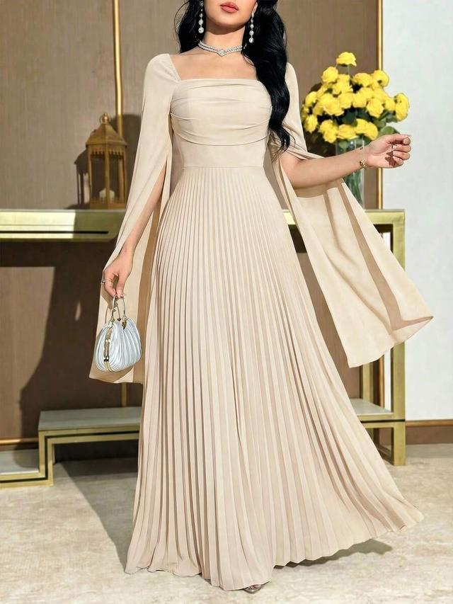 elegant beige pleated long sleeve cape dress