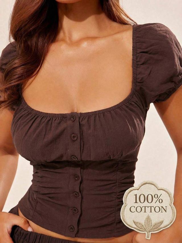 coffee brown pleated button front cotton corset blouse