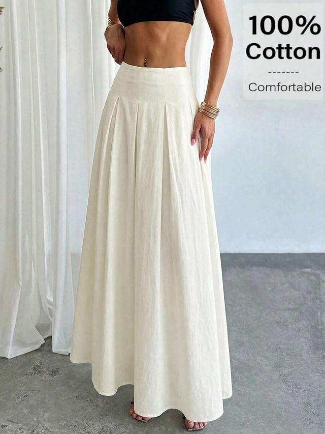 white cotton high waist pleated maxi skirt
