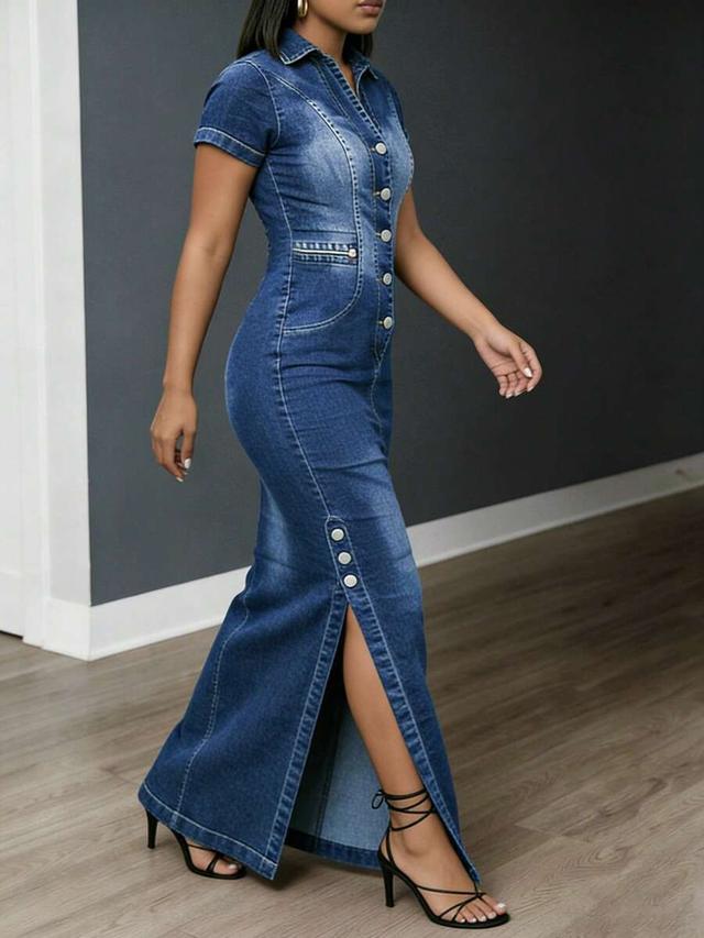 women washed blue denim maxi button down shirt dress
