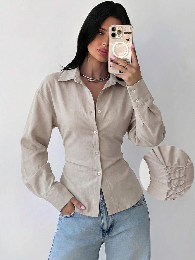 beige firerie women's silver long sleeve back ruched shirt