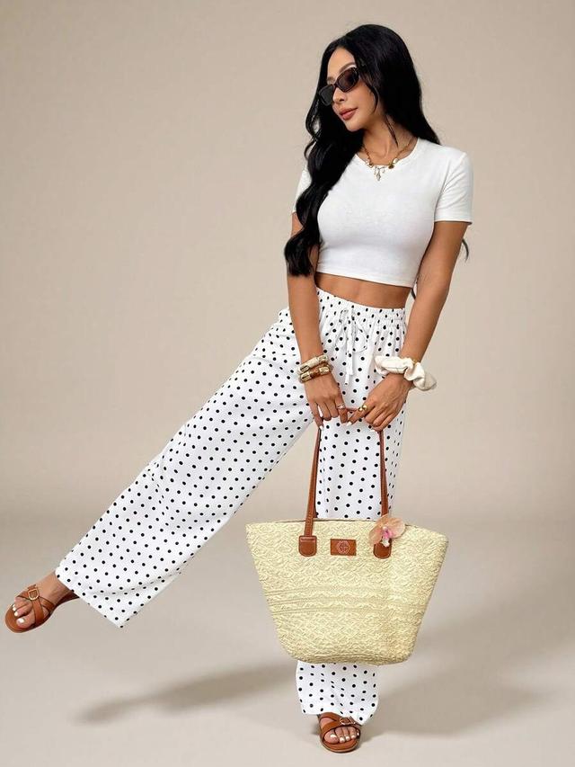 polka dot print high-waisted wide-leg casual trousers