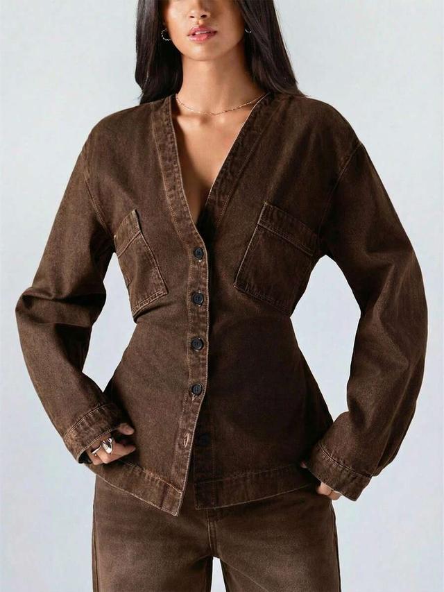 brown long sleeve denim button down top