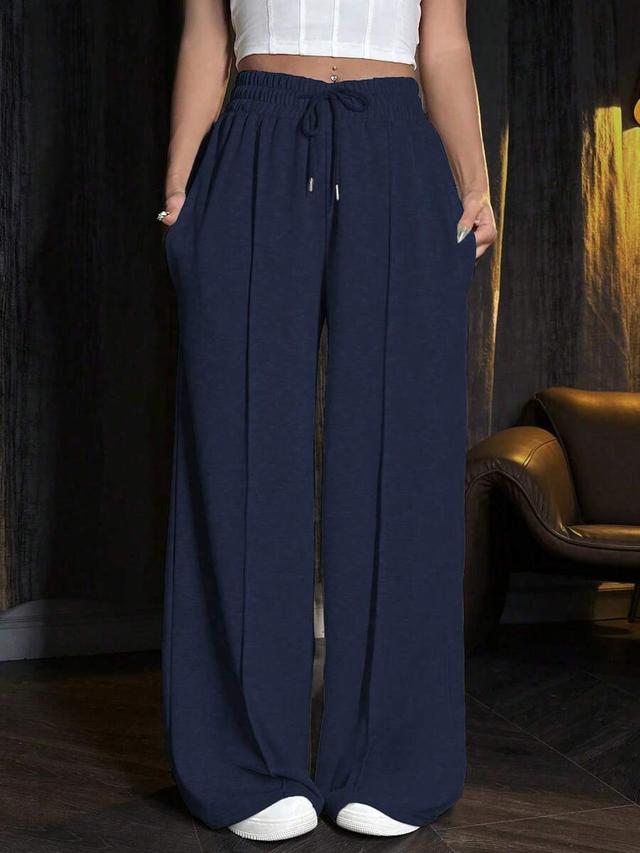 navy blue drawstring waist pleated wide leg sweatpants