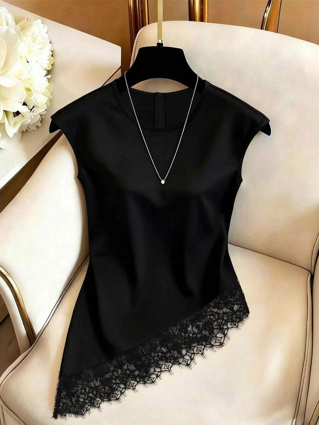 black satin sleeveless blouse with asymmetrical lace trim
