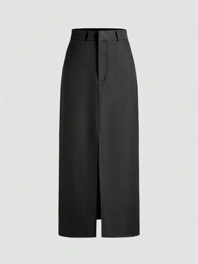 vela rue elegant commuter lightweight polyester solid color slit skirt black
