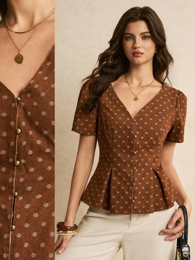 brown polka dot corduroy peplum blouse