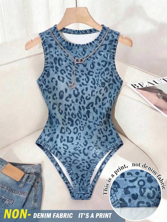 blue leopard print sleeveless fitted bodysuit