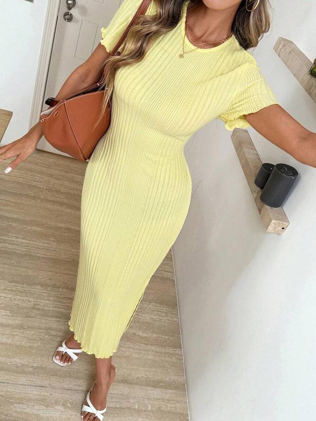 pale yellow ribbed mid-length pencil dress