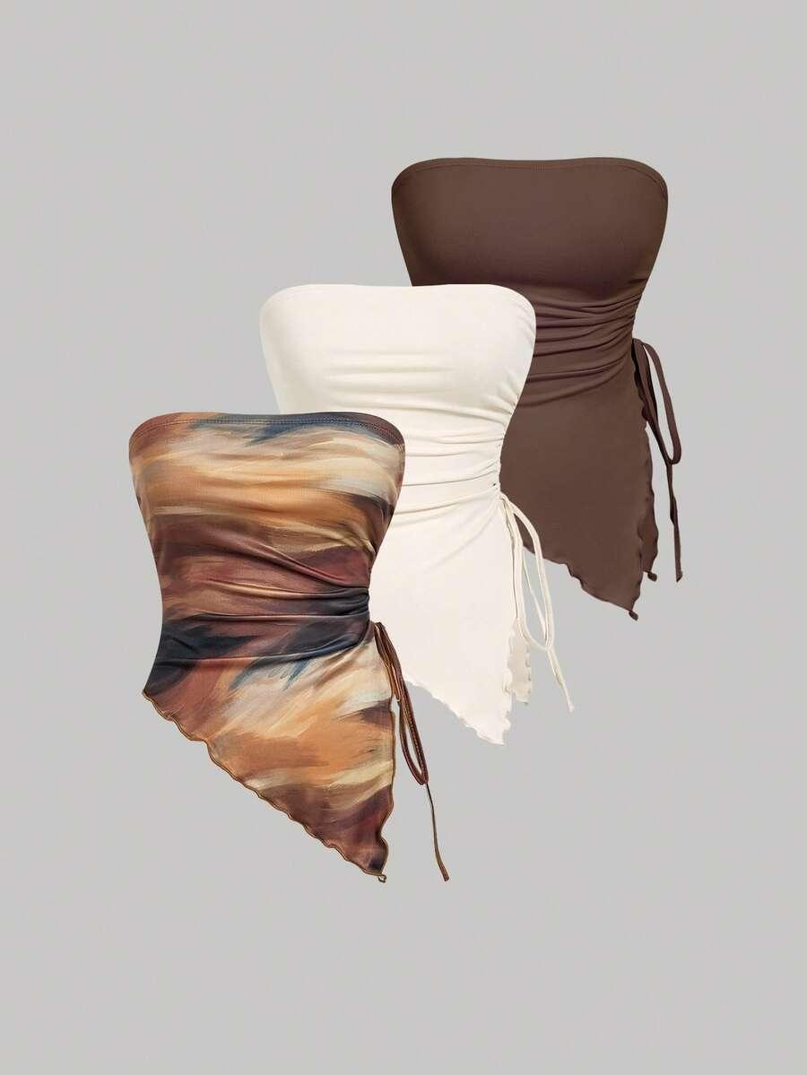 abstract print three asymmetric hem bandeau top in brown cream and print
