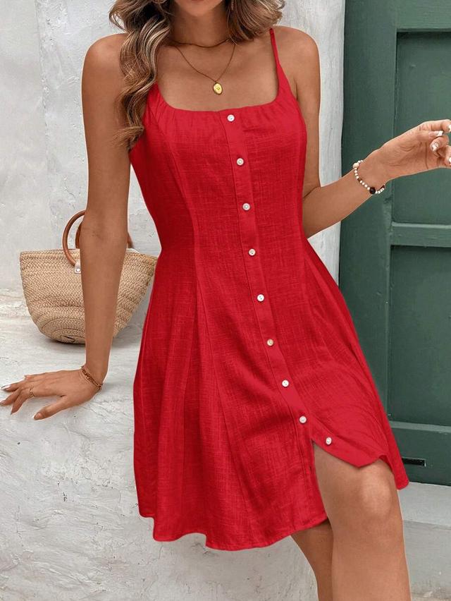 light red linen blend casual summer slip dress