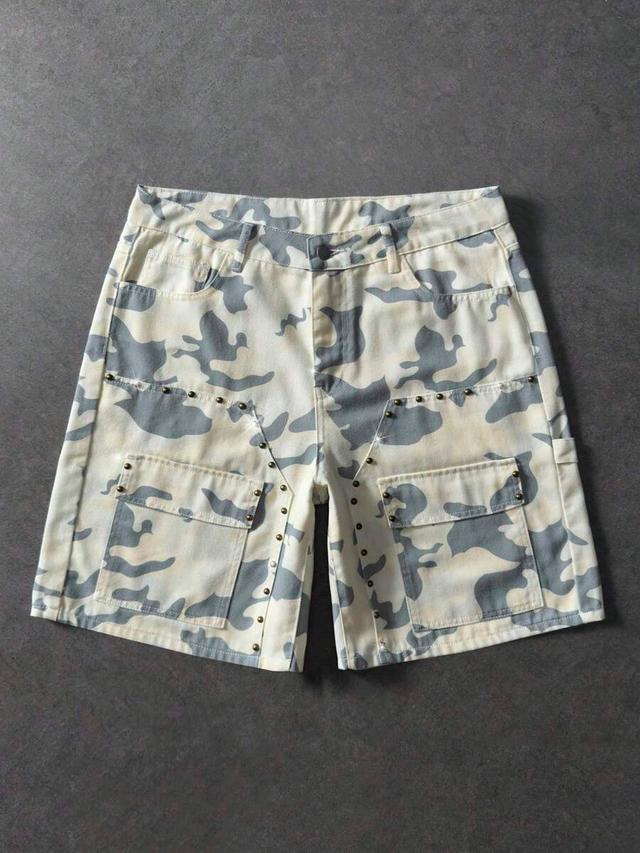 camo print denim cargo shorts with stud detailing