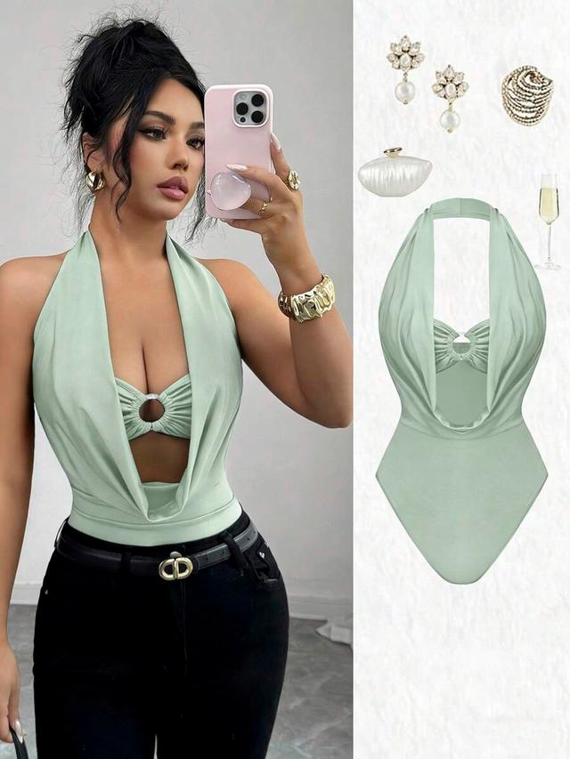 sage green halter neck hollow out backless bodysuit
