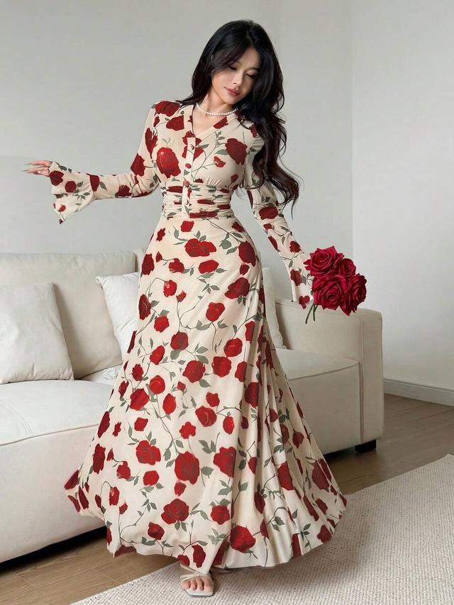 floral print v-neck waist-cinching midi dress