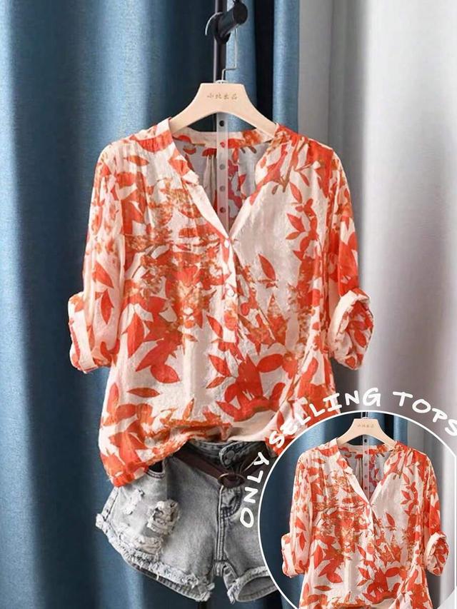 floral print v-neck casual roll-up sleeve vacation shirt