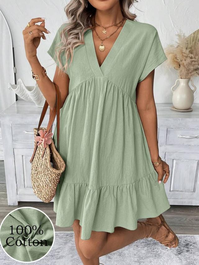 sage green cotton v-neck tiered mini dress