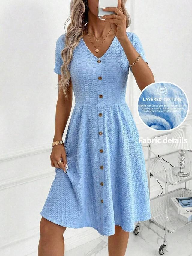 light blue jacquard knit button-front casual dress