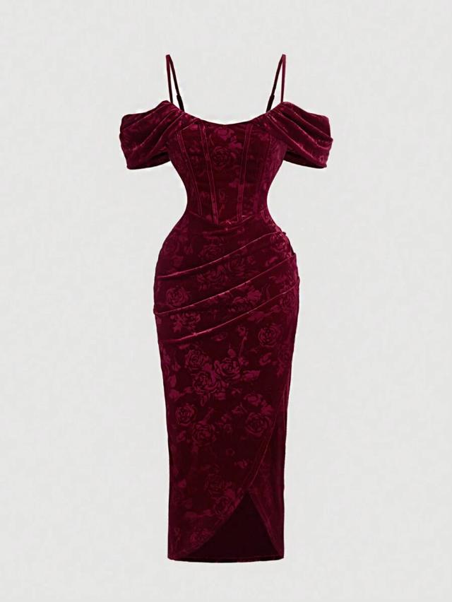 burgundy velvet embossed sweetheart off shoulder bodycon dress