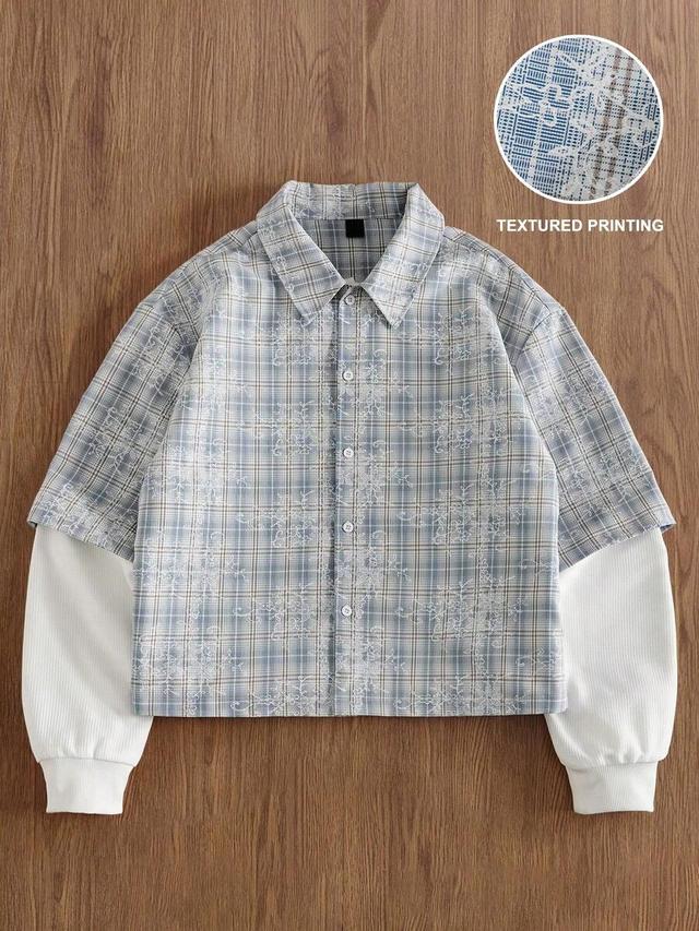 blue and white plaid textured fake two-piece shirt