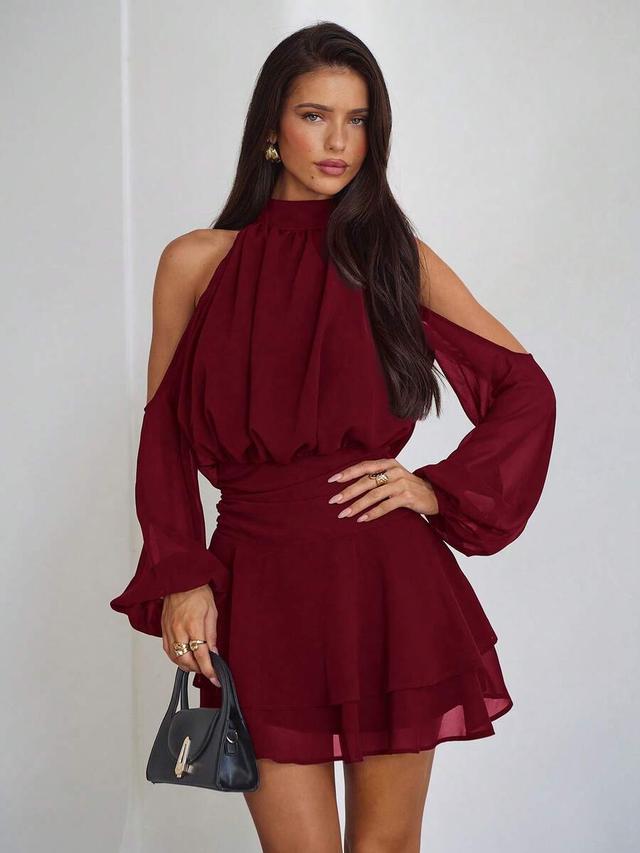purple-red long sleeve off-shoulder chiffon mini dress